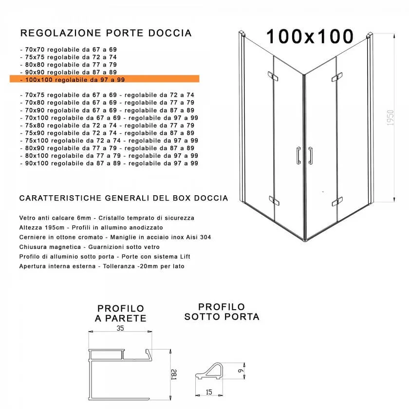 Box Doccia H195cm Doppia Anta a Libro Anticalcare Trasparente 6mm