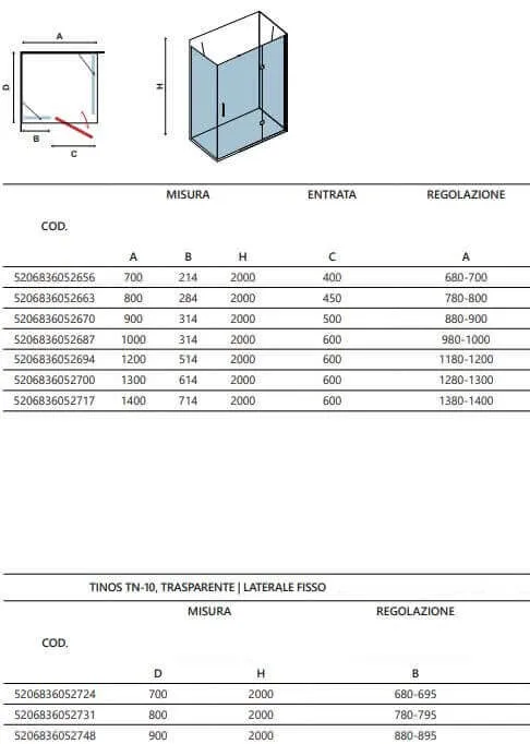 Box Doccia H200 Anta Battente 8mm Trasparente Anticalcare