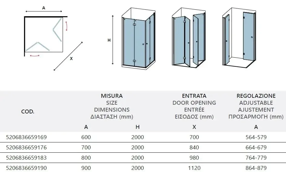 Box Doccia H200 Doppia Anta a Libro Frameless Trasparente 6mm