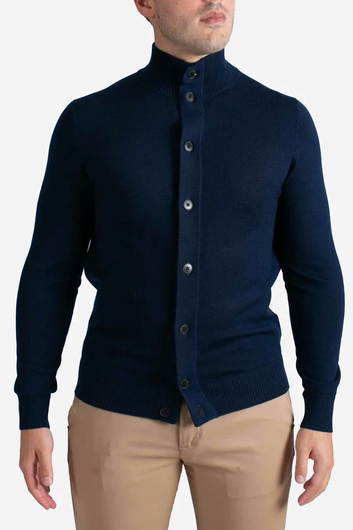 Cardigan da uomo blu navy Savile in lana merino