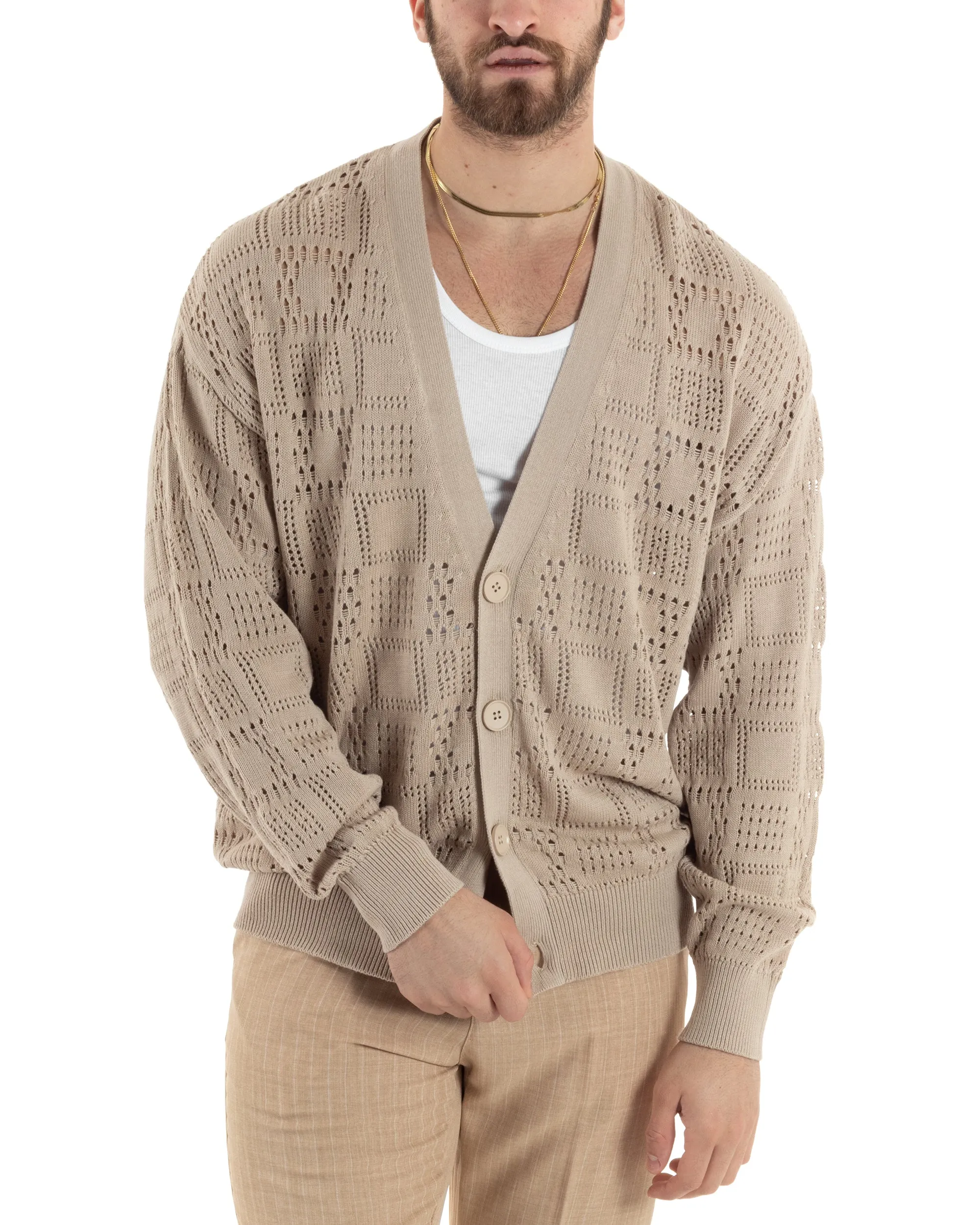 Cardigan Uomo Maglioncino Traforato Scollo V Maglia Bucata Giacca Con Bottoni Beige Casual GIOSAL-M2813A