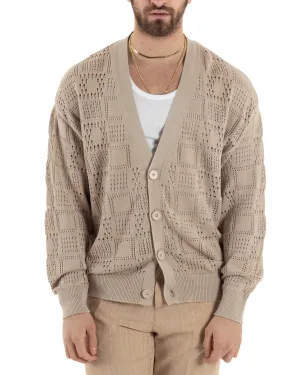 Cardigan Uomo Maglioncino Traforato Scollo V Maglia Bucata Giacca Con Bottoni Beige Casual GIOSAL-M2813A