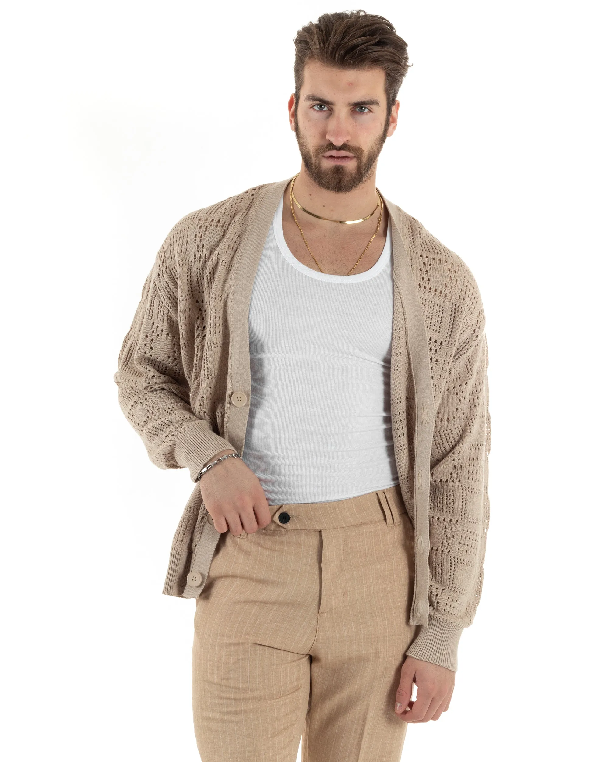 Cardigan Uomo Maglioncino Traforato Scollo V Maglia Bucata Giacca Con Bottoni Beige Casual GIOSAL-M2813A