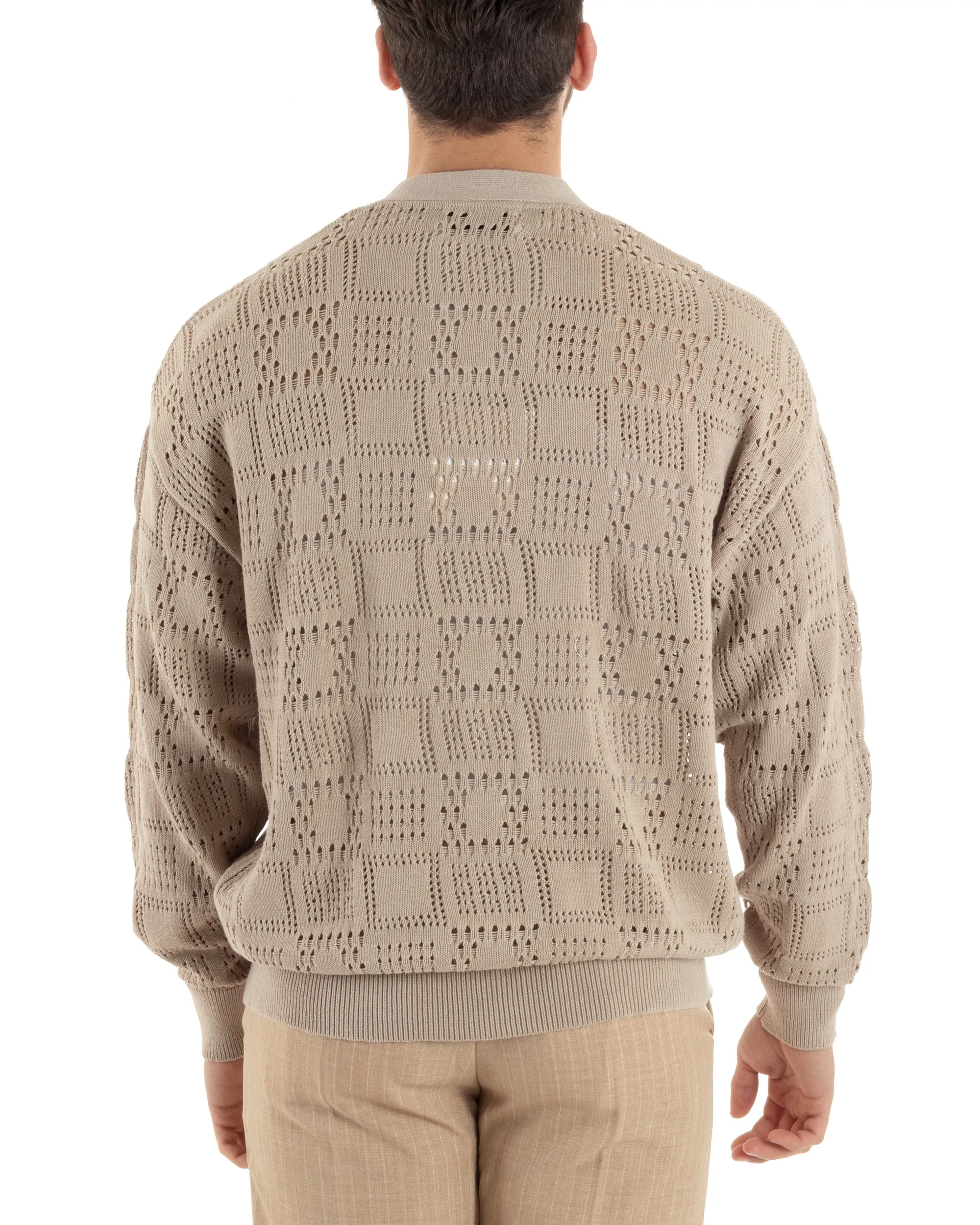 Cardigan Uomo Maglioncino Traforato Scollo V Maglia Bucata Giacca Con Bottoni Beige Casual GIOSAL-M2813A