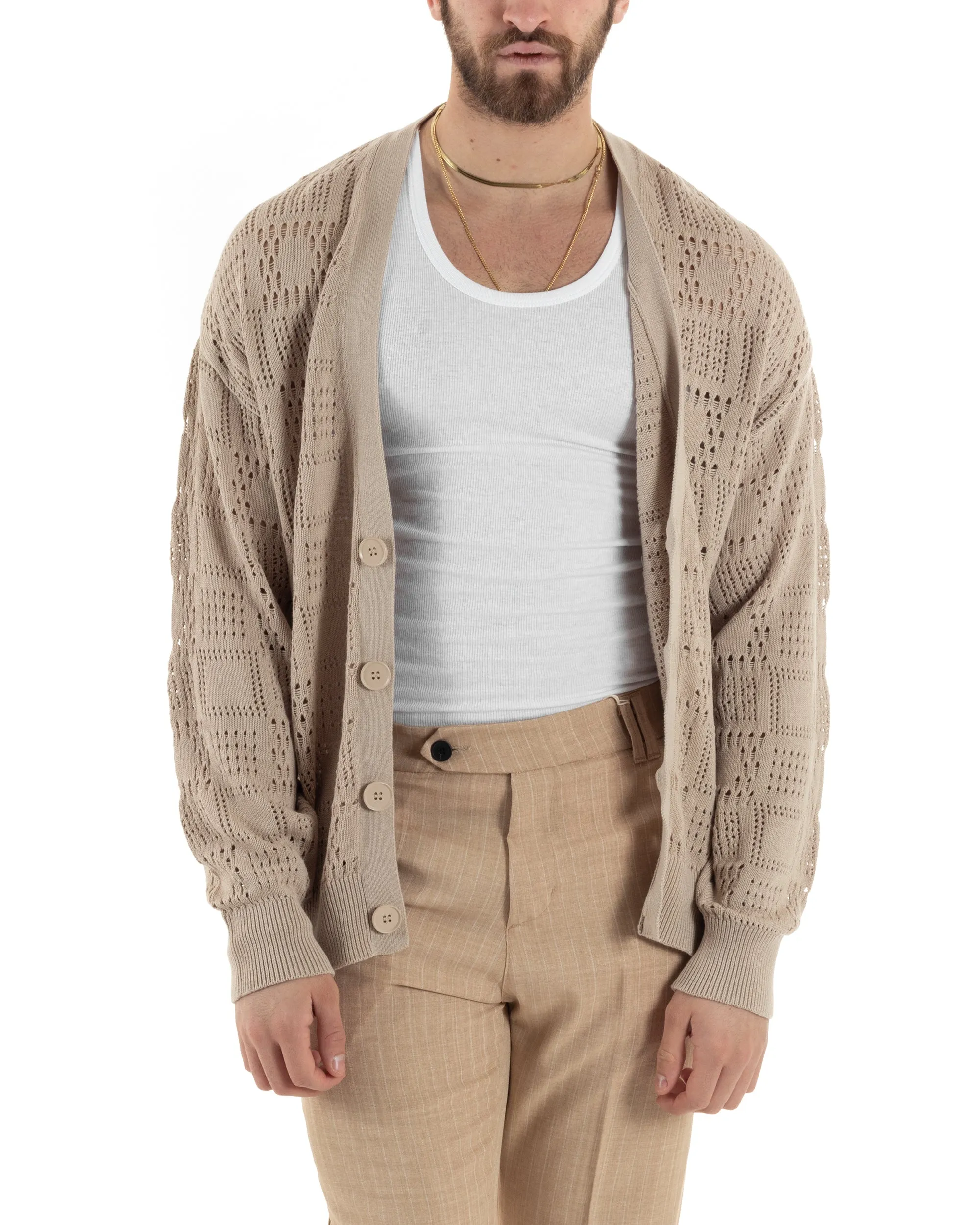 Cardigan Uomo Maglioncino Traforato Scollo V Maglia Bucata Giacca Con Bottoni Beige Casual GIOSAL-M2813A