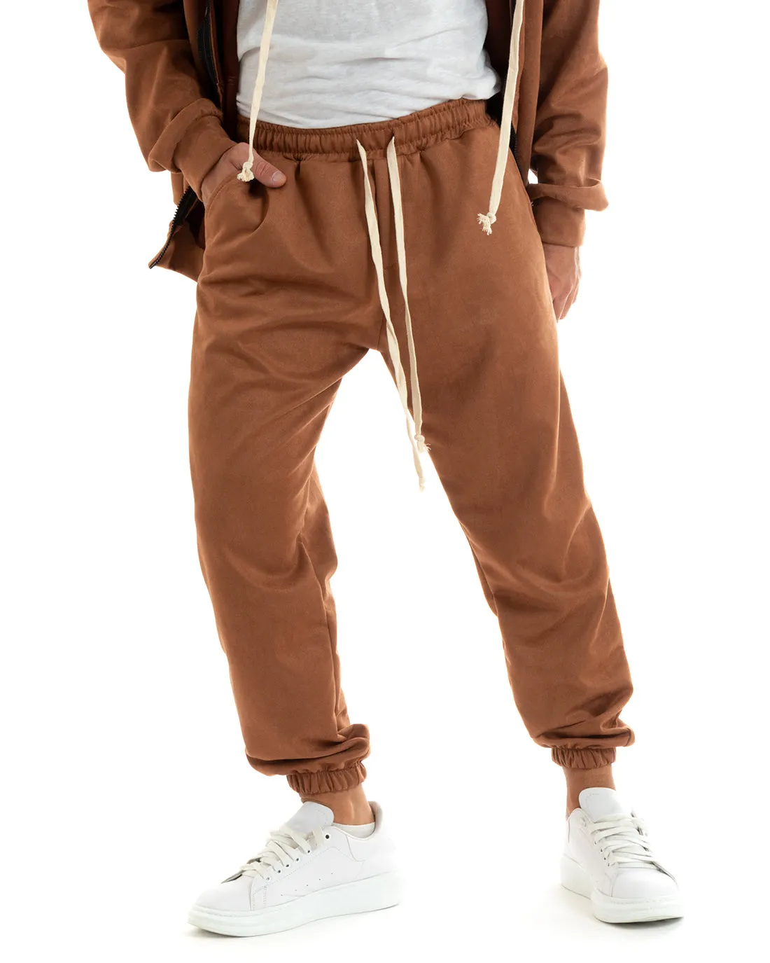 Completo Tuta Uomo Camoscio Felpa con Cappuccio e Zip Pantaloni con Coulisse Tabacco GIOSAL-OU2398A