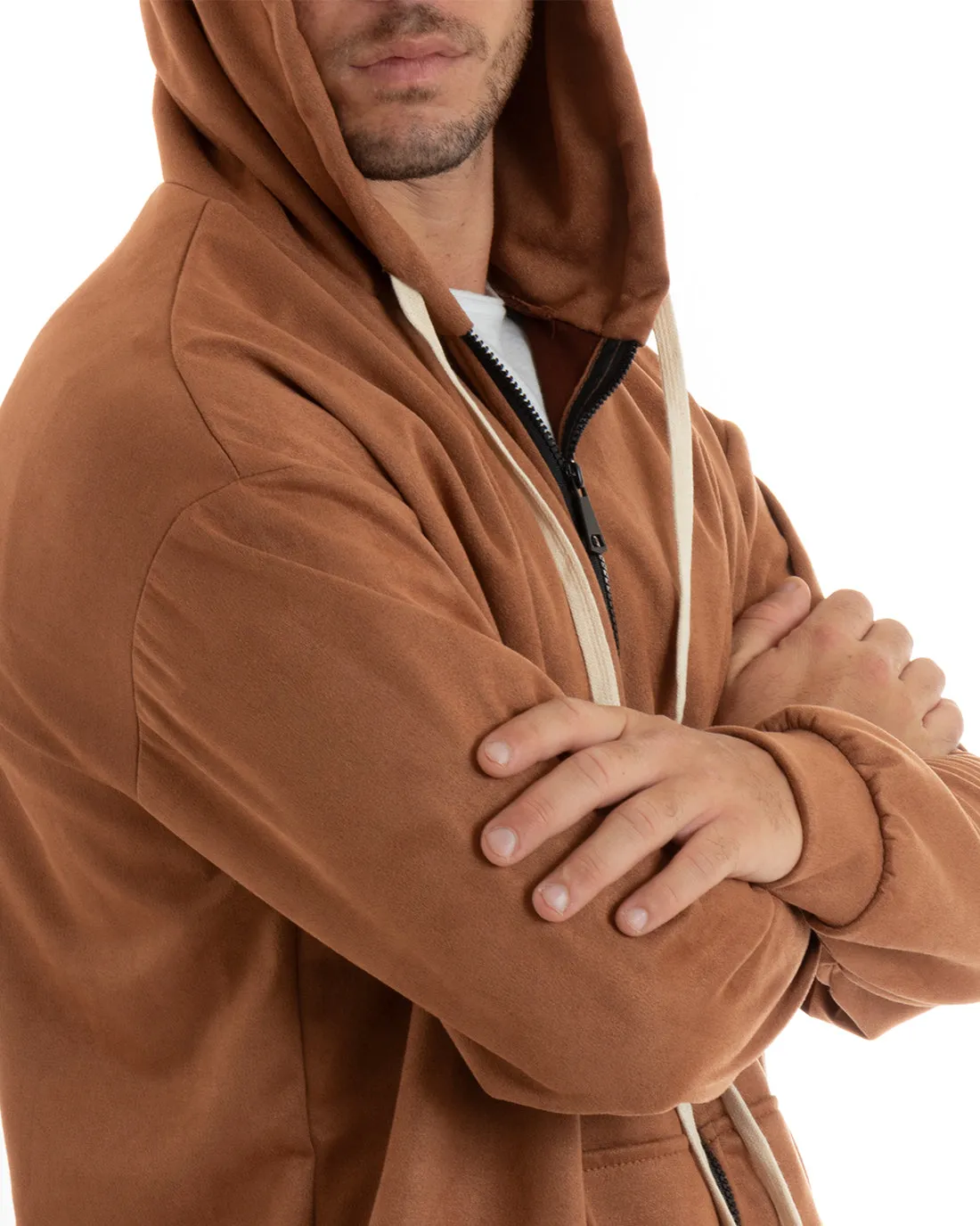 Completo Tuta Uomo Camoscio Felpa con Cappuccio e Zip Pantaloni con Coulisse Tabacco GIOSAL-OU2398A