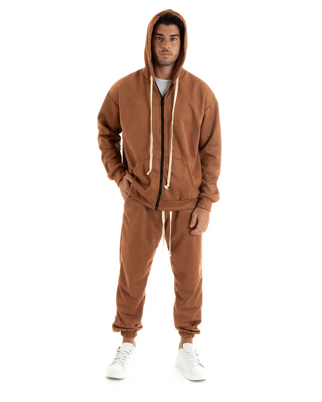 Completo Tuta Uomo Camoscio Felpa con Cappuccio e Zip Pantaloni con Coulisse Tabacco GIOSAL-OU2398A