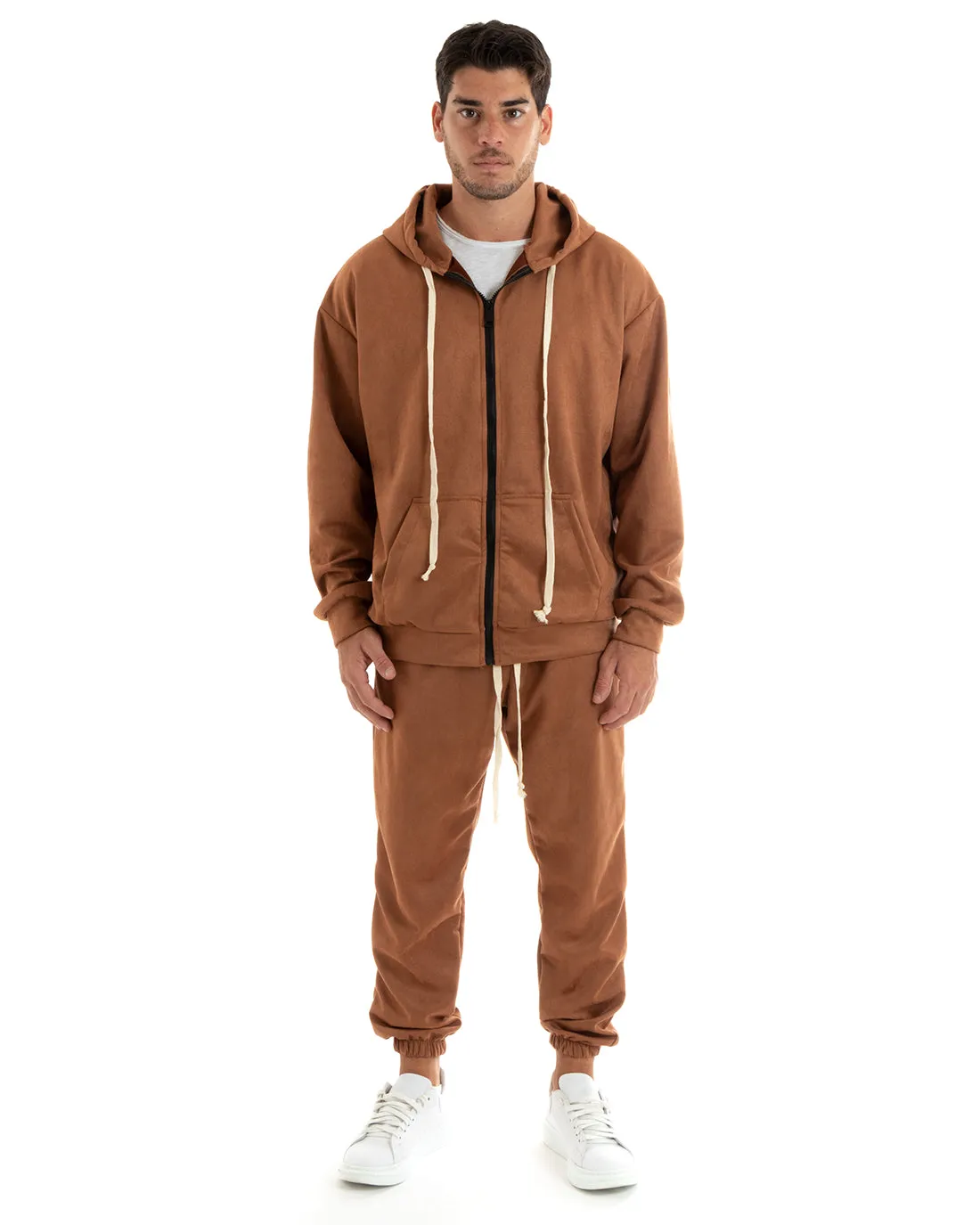 Completo Tuta Uomo Camoscio Felpa con Cappuccio e Zip Pantaloni con Coulisse Tabacco GIOSAL-OU2398A