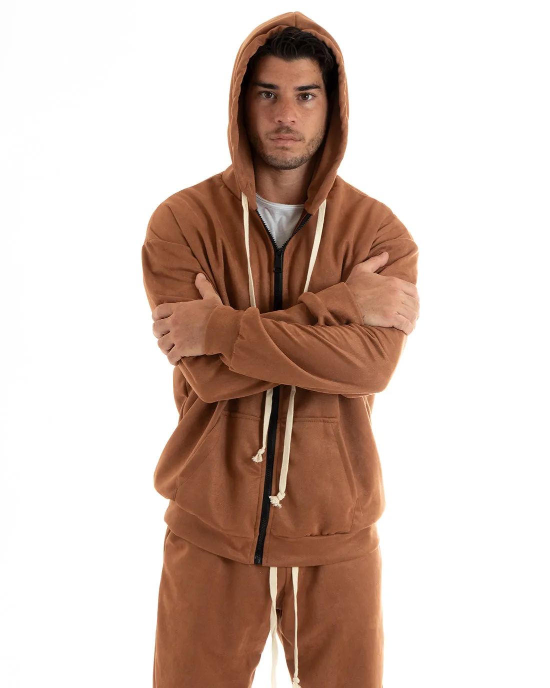 Completo Tuta Uomo Camoscio Felpa con Cappuccio e Zip Pantaloni con Coulisse Tabacco GIOSAL-OU2398A