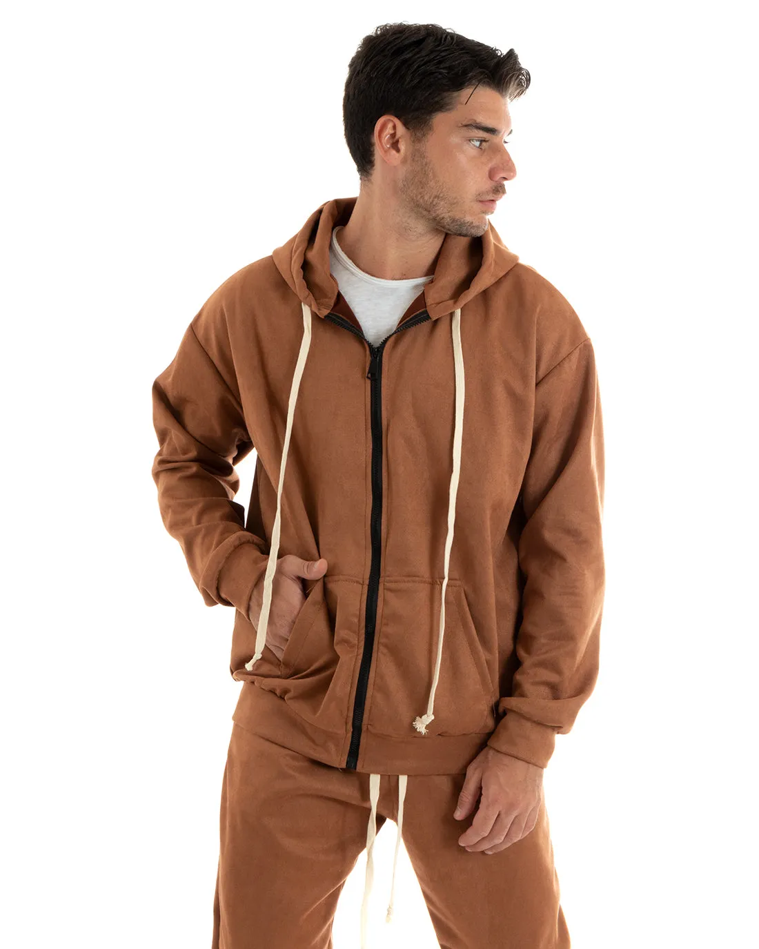 Completo Tuta Uomo Camoscio Felpa con Cappuccio e Zip Pantaloni con Coulisse Tabacco GIOSAL-OU2398A