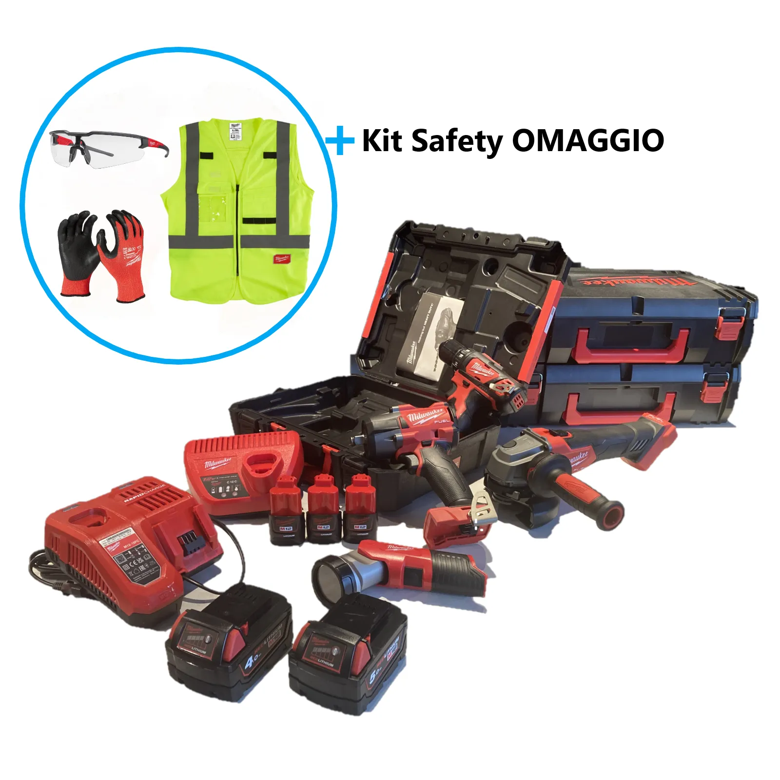 Kit AVVITATORE M18   SMERIGLIATRICE M18   TRAPANO M12 con batterie caricatori, lampada LED e Safety KIT OMAGGIO MILWAUKEE SPECIAL TECNISTA