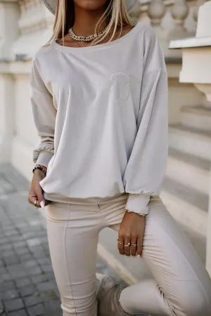 Maglia casual beige in morbida ciniglia a manica lunga con stampa orsetto