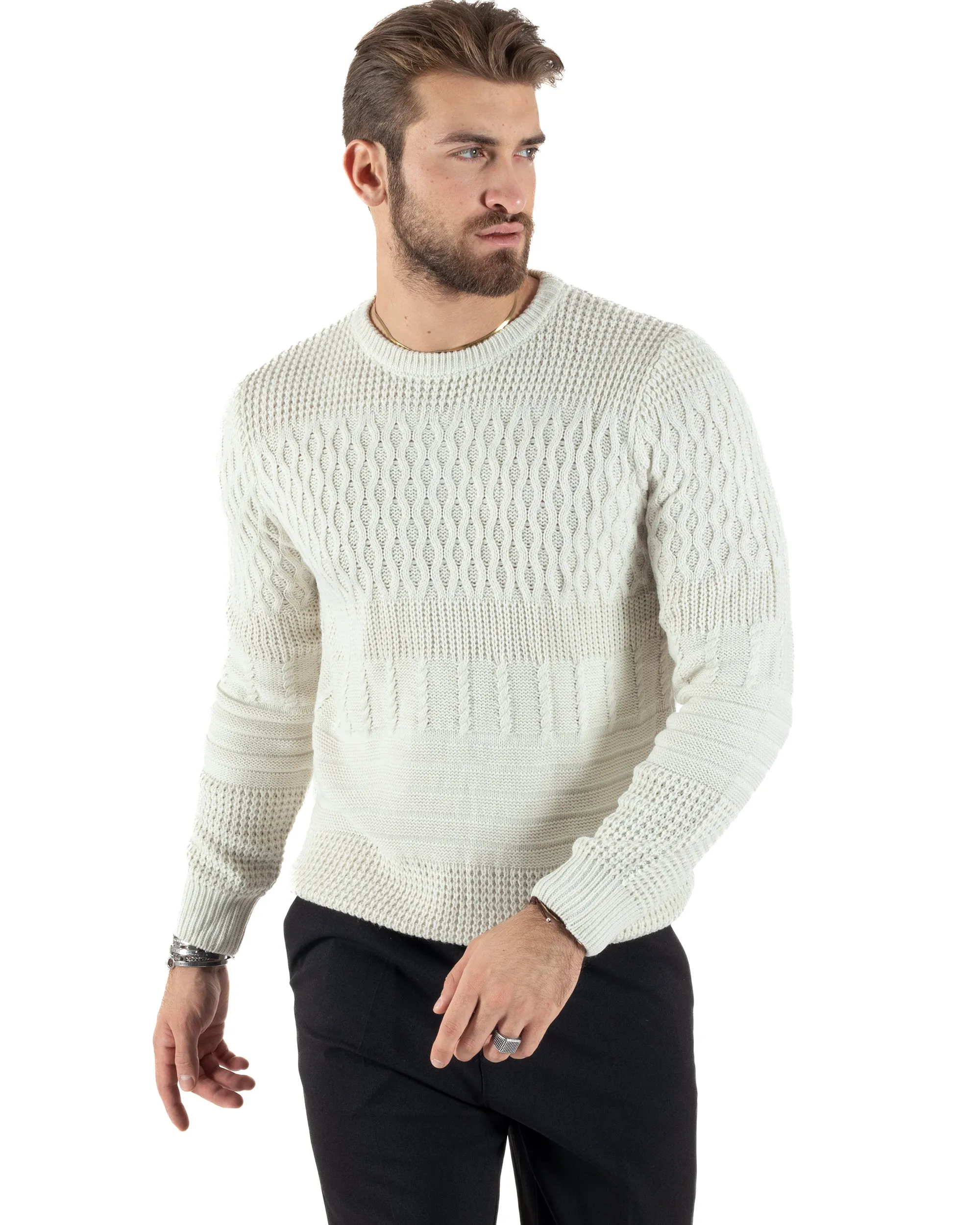 Maglioncino Uomo Girocollo Maglia Inglese Trecce Panna GIOSAL-M2785A