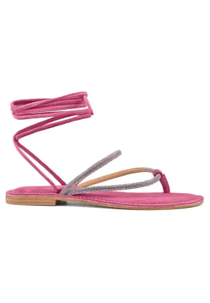 Sandali flat donna infradito in camoscio fuxia con strass e lacci alla caviglia